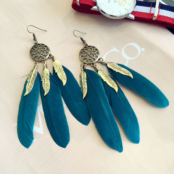 Boho/Ethnic Dreamcatcher Feather Drop Earrings - Picture 3 of 4